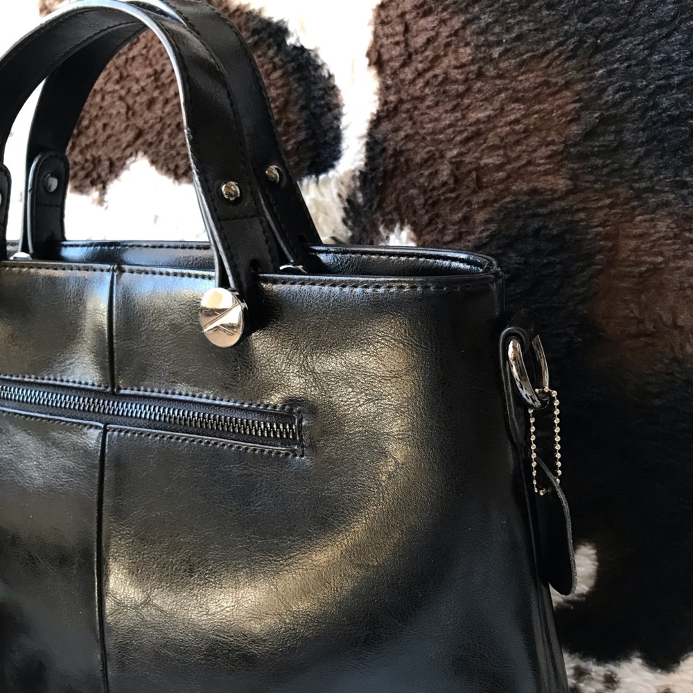 🔥 Black Top Handle Faux Leather Tote Bag With Removable Strap 🔥 - Picture 4 of 16
